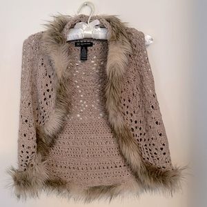 INC Crochet Vest Faux Fur Trim Wool Angora Knit P/S Beige Taupe Open Front Boho